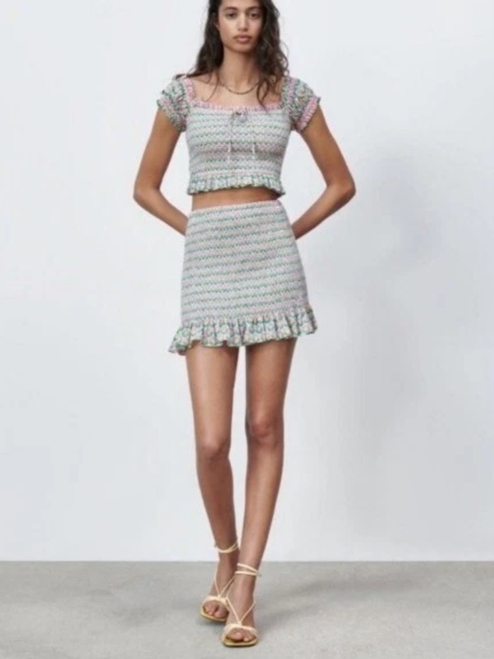·Zara· Ruched Smocked Floral Skirt and Crop Top Set